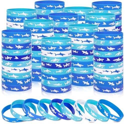 Moon Boat 144Pcs Shark Silicone Bracelets Bulk, Under the Sea Blue and White Ocean Rubber Wristbands Party Favors Goodie Bag Stuffers Birthday Gifts Supplies (9 Designs)