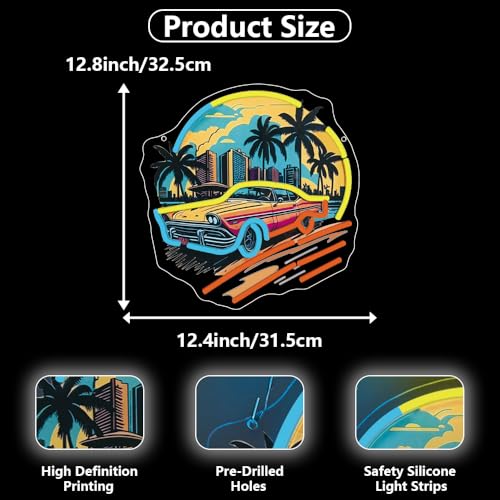 Image of Sports Car Neon Signs for Wall Decor,Racing Car LED Signs for Bedroom,Cool UV Print Hawaiian Style Neon Sign for Boys And Girls Room,Sunset Lamp Man Cave Garage Gaming Lights Game Room Decor