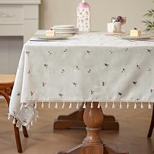 Waterproof Stain Resistant Linen Tablecloth, Pink Floral Embroidery Rectangular Table Cover, Light Luxury Dustproof Table Cloth for Dining Table Home Decor White,140 * 100cm