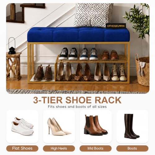 Image of Entryway Shoe Rack with Cushioned Seat, Shoe Bench for Entry, 2 Shelves Storage Bed Bench