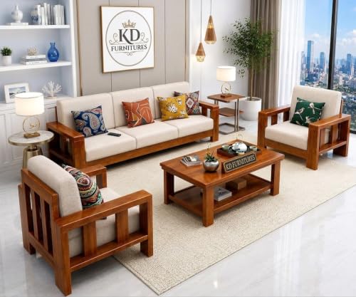 Image of GOLDEN TOUCH Sheesham Wood Sofa Set for Living Room || Sofa Sets 5 Seater || Wooden Sofa Sets Furniture || Without Pillow || Sofa 3+1+1 || Home Furniture Sofa Sets || Honey Finish
