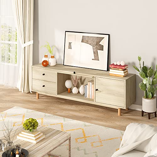 image for Lamerge Boho TV Stand with Rattan Door, Modern Entertainment Center fo