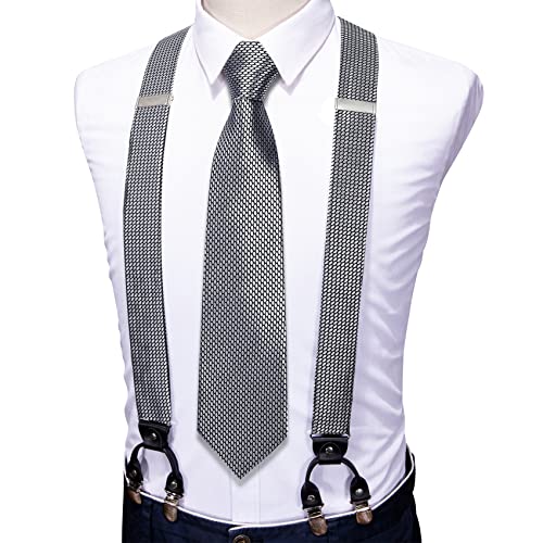 Image of Barry.Wang Men Suspender Set with Necktie Elastic Y Type Heavy Duty 6 Clips Braces Tie Handkerchief Cufflink Pin 6PCS