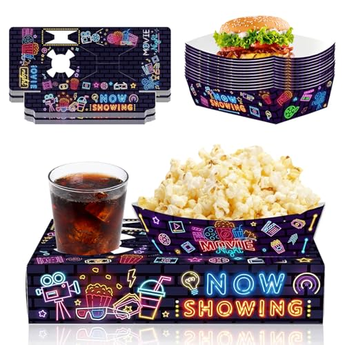 KIERKIER Movie Night Snack Trays Set - 12x Cardboard Snack Tray + 12x Popcorn Box, Movie Night Party Accessories, Cinema-Style Party Trays for Cinema Parties, Home Movie Evenings