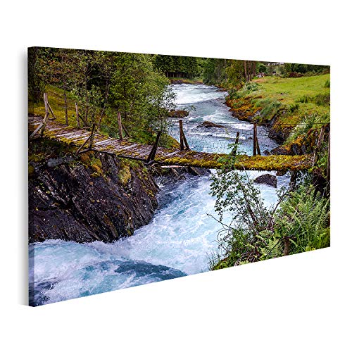 Cuadro sobre lienzo puente colgante sobre el río montaña. Hermosa naturaleza Noruega Paisaje natural. murales Sala de estar Apartamento Cuadros en lienzo GCDX-1Px