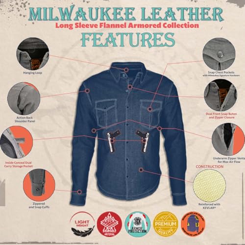 Milwaukee Leather Men's Long Sleeve Solid Biker Shirts w/CE Armor - Reinforced w/Aramid Fibers - X-Large