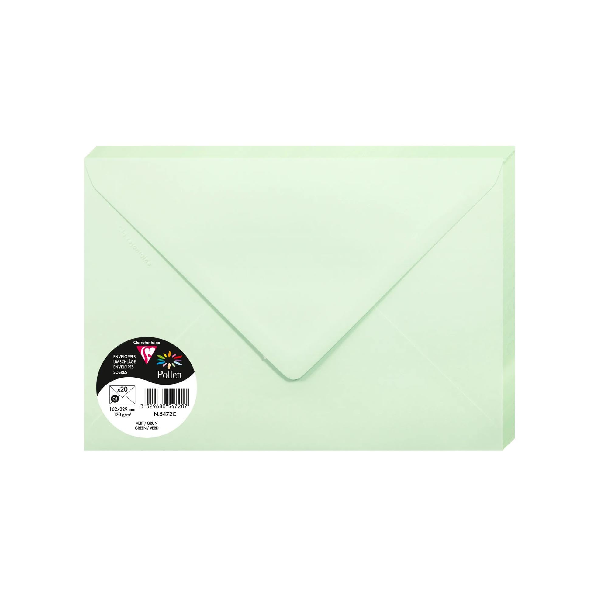 Clairefontaine 5472C Pack of 20 Gummed Envelopes Format C5 16,2x22,9cm 120gsm Colour Green Invitation Events Correspondence Pollen Range Premium Smooth Paper