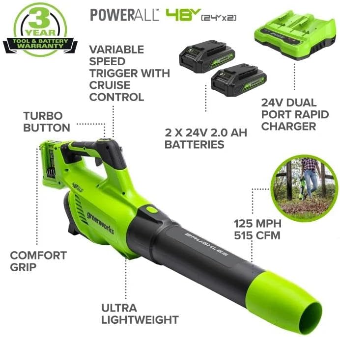 greenworks 48v (24v x 2) cordless axial leaf blower (125 mph / 515 cfm / 200+ compatible tools), (2) 2.0ah batteries and dual port charger included brushless blower (2 x 2.0ah)