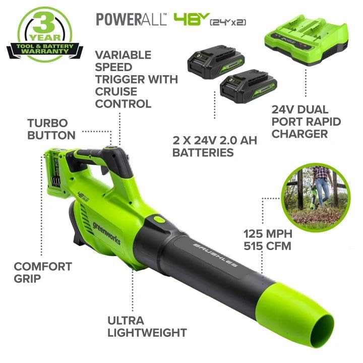 Image of Greenworks 48V Cordless Leaf Blower, 515 CFM, (2) 2.0 Ah Batteries, Charger