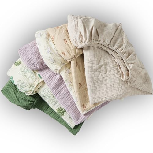 Image of Muslin Crib Sheets for Girl Boy, 2 Pack 100% Cotton Crib Sheet for Standard Crib Mattress(28 inchx 52 inch), Fitted and Soft Breathable Crib Mattress Sheet, 360 Wrapping (Monstera & Dark Green)