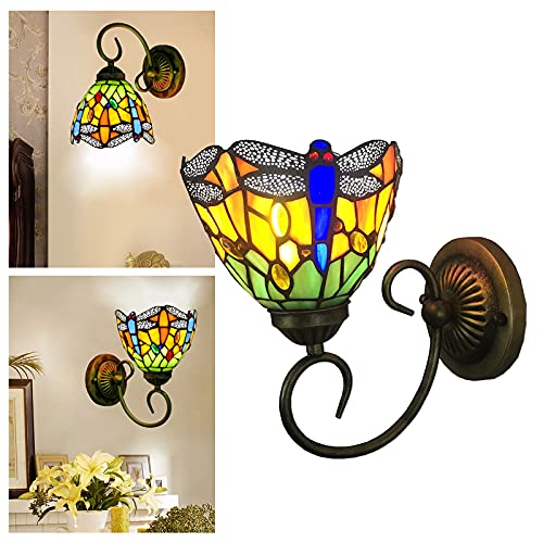 Image of Wall Sconce Bedside Wall Mount Lamp 1-Light Dragonfly Stained Glass Shade Wall Light for Bedroom Hallway Stairway Balcony