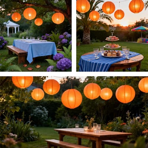 Image of Orange Chinese Paper Lanterns with LED Lights, 10-Pack 10inch | Hanging Lights for Halloween, Fall Festival, Birthday Decorations, Ceiling Decor & Home Party