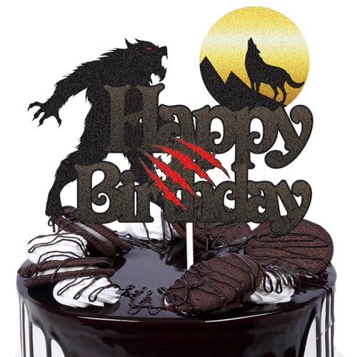 Caiwowo Werewolf Moon Happy Birthday Cake Topper - Timberwolf Howl Glitter Full Moon Happy Birthday Cake Topper - Boy's Birthday Party Supplies