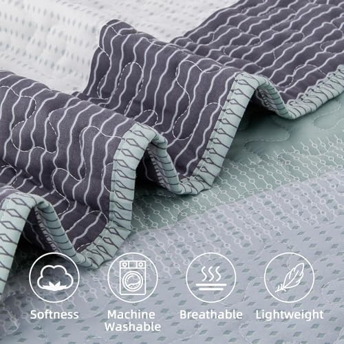 Image of Andency Oversized Queen Quilt Bedding Set, 98x98Inch Sage Green Stripe Bedspread Coverlet 3 Pieces, Soft Lightweight Mint Patchwork Quilted Bed Set for All Season (1 Quilt, 2 Pillowcases)