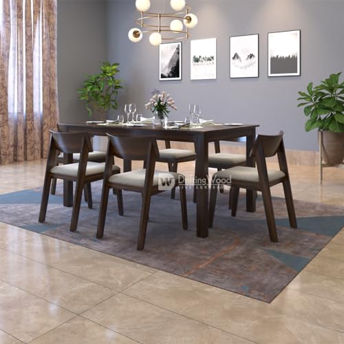 Image of DRIFTINGWOOD Liana Solid Sheesham Wood Dining Table 6 Seater | Wooden Six Seater Dinning Table with Beige Cushion Chairs | Dinner Table 6 Seater | Dining Room Sets | Self Assembly Walnut Finish