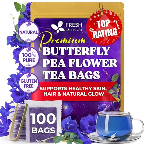 Image of FreshDrinkUS, Premium 100 Blue Butterfly Pea Flowers Tea Bags, 100% Natural and Pure from Butterfly Pea Flowers, Made With Natural Material Tea Bag, No Sugar, No Caffeine, No Gluten, Vegan