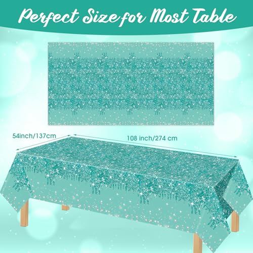 Image of Ganeen 3 Pcs Teal and Silver Tablecloths Glitter Sparkling Disposable Plastic Table Cover Sequin Printed Rectangle Tablecloths for Women Birthday Wedding Party Decor Supplies, 54 x 108 Inch