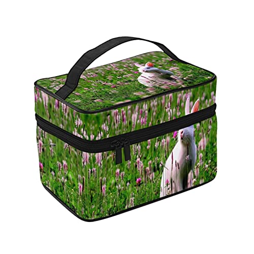 化粧ポーチ メイクポーチ 白いウサギ 花 コスメ収納 便携式 化粧バッグ 化粧箱 プロ用 化粧ケース 持ち運び メイクボックス 大容量 化粧品収納バッグ 洗面用具入れ 旅行 出張用 軽量 小物入れ 化粧道具 カバー付きのファスナー