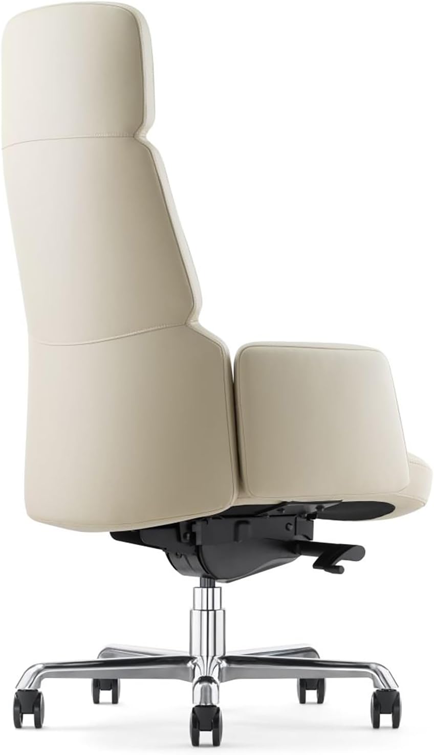 Genuine Leather Office Desk Chair with High Back Aluminum Swivel Base Ergonomic Synchro-Tilt Reclining Mechanism Real Leather Executive Chair-Light Beige