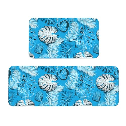 GVYGVY Antifatigue Kitchen Mats for Floor 2 Piece - Sky Blue Tropical Leaves Print Kitchen Rugs Washable, Non Slip Runner Rug Standing Mat for Office/Bathroom/Laundry/Home Decor and Accessories