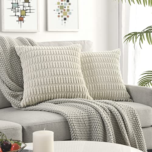 Volcanics Pack of 2 Cream Decorative Throw Pillow Covers 18x18 Inch, Soft Corduroy Striped Square Cushion Cases, Modern Farmhouse Boho Home Decor for Spring Couch Bed Sofa Living Room