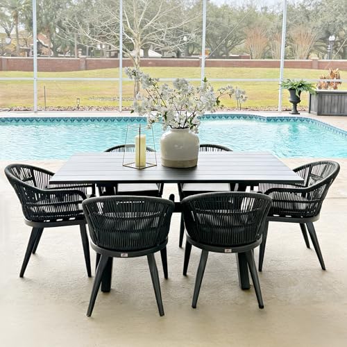 Image of PURPLE LEAF 7 Pieces Patio Dining Set with Outdoor Aluminium Dining Table and Woven Rattan Chairs Modern Metal Furniture Cushions Sets for Garden Yard Indoor Decor Kitchen Grey
