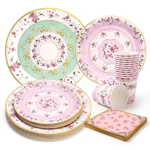 PARTY GO Juego de vajilla desechable para fiesta de té, 96 unidades, platos de papel desechables, servilletas, tazas para fiestas de té, decoración de fiestas, platos para servir a 24 invitados