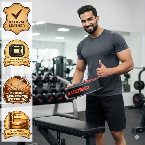 Image of Kobo Premium 8MM Weight Lifting Leather Prong Belt - Power Lifting Belt for Men & Women for Lower Back Support for Gym Workouts Deadlifts Squats Powerlifting - 4 Inch Wide (Medium)