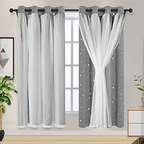 Hughapy Star Curtains for Bedroom Kids Room Darkening Blackout Curtain Star Silver Foil Print Window Drapes - White Sheer Overlay Thermal Insulated Curtains, 2 Panels (52W x 63L, Grey)