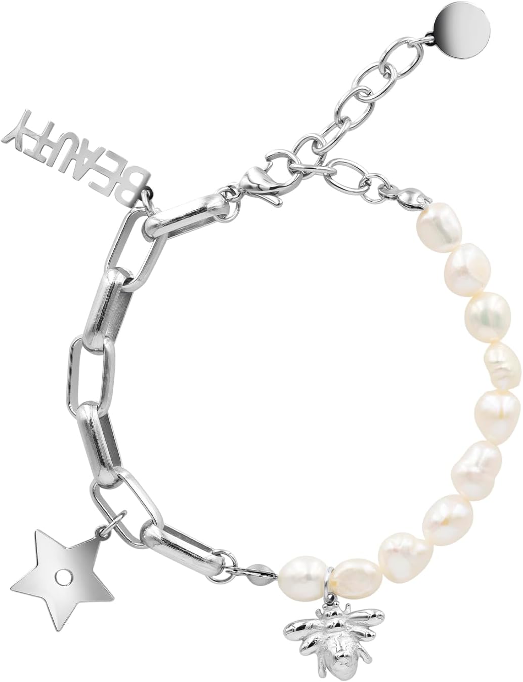 MOONSTONEWomen's Fashion Jewelry Pretty Bee Star Beauty Baroque Pearl Thick Link Chain Bracelet, Silver