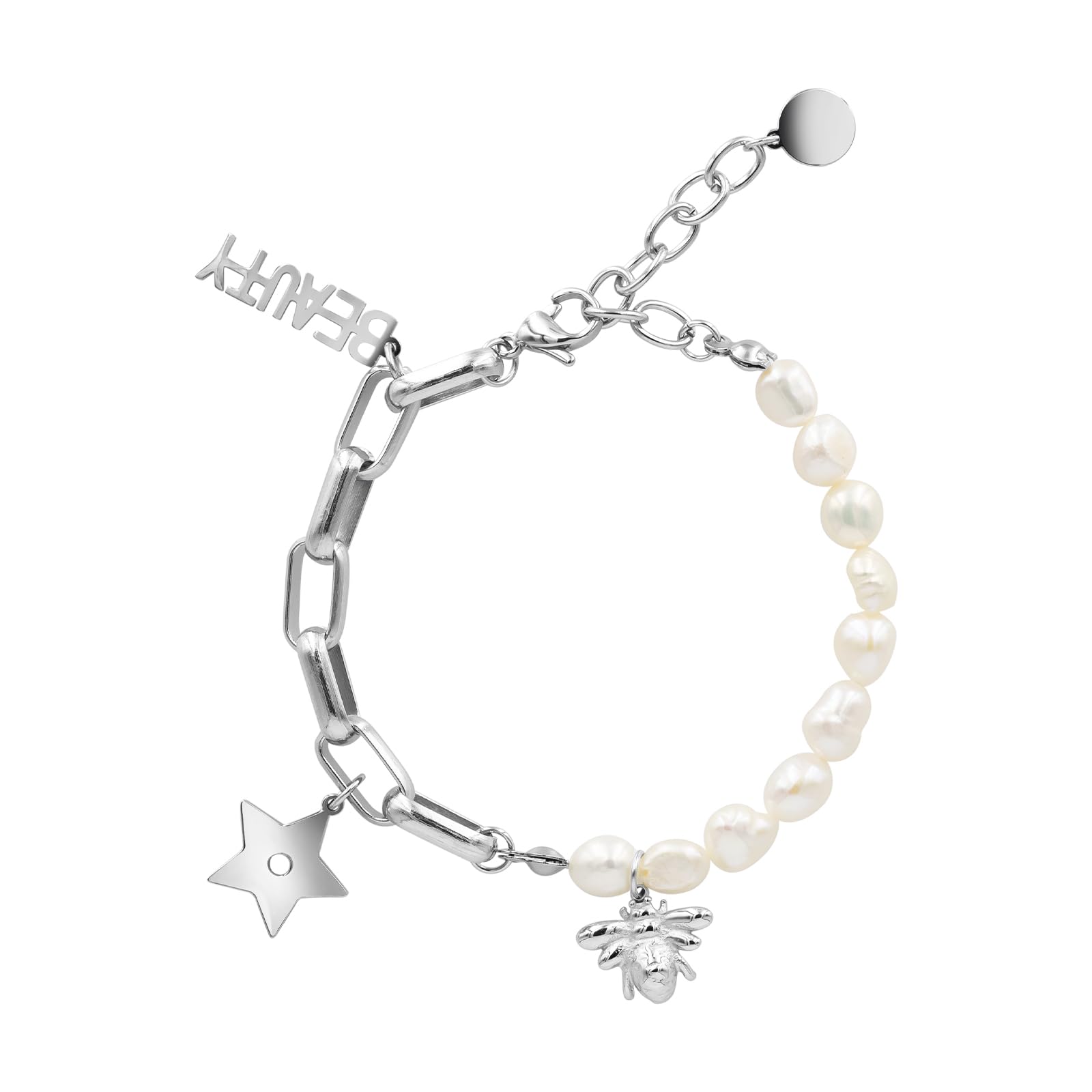 MOONSTONEWomen's Fashion Jewelry Pretty Bee Star Beauty Baroque Pearl Thick Link Chain Bracelet, Silver