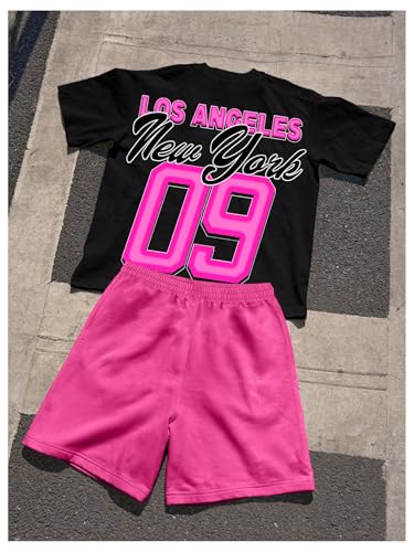 Men's 2 Piece Casual Outfits Y2K Short Sleeve Graphic Tees & Drawstring Track Shorts Streetwear2