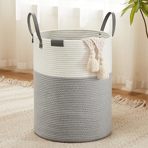 Image of Cotton Rope Laundry Hamper by YOUDENOVA, 58L - Woven Collapsible Laundry Basket - Clothes Storage Basket for Blankets, Laundry Room Organizing, Bedroom Storage, Clothes Hamper – White & Grey