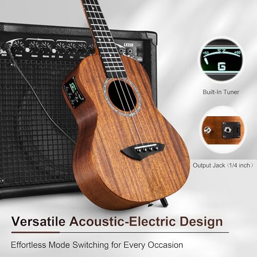Image of 26 inch Caramel CT402 All Solid Mahogany Tenor Ukulele LCD color display Electric Uke Beginners Guitar Starter Pack Bundle Gig bag Strap Ukelele Set