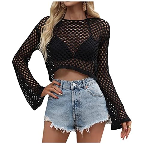 Kedera Womens Cropped Knit Top Long Sleeve Crochet Hollow Out Crewneck Sweater Crop Tops, Black, Small Cover