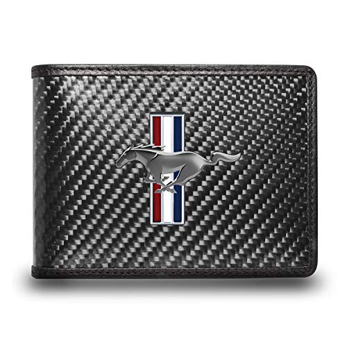 for - Ford Mustang Tri-Bar Logo Black Real Carbon Fiber Leather RFID Blocking Bi-fold Wallet