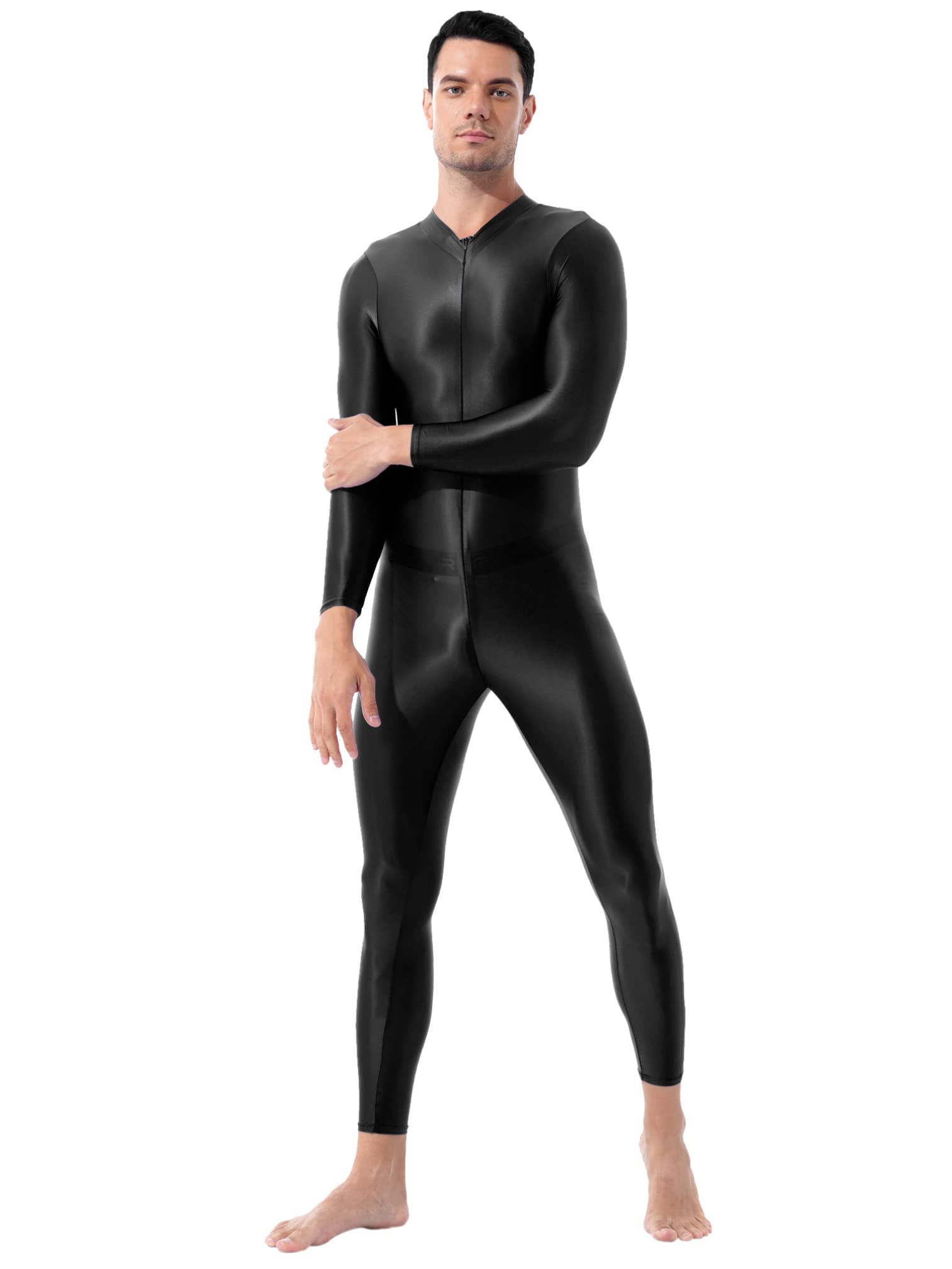 Agoky Body Uomo Metallico Lucido Bodystocking Catsuit Tuta Intera Bodysuit Manica Lunga Leggings con Cerniera Jumpsuit Biancheria Intima Monopezzo Body da Ginnastica Nero Taglia unica