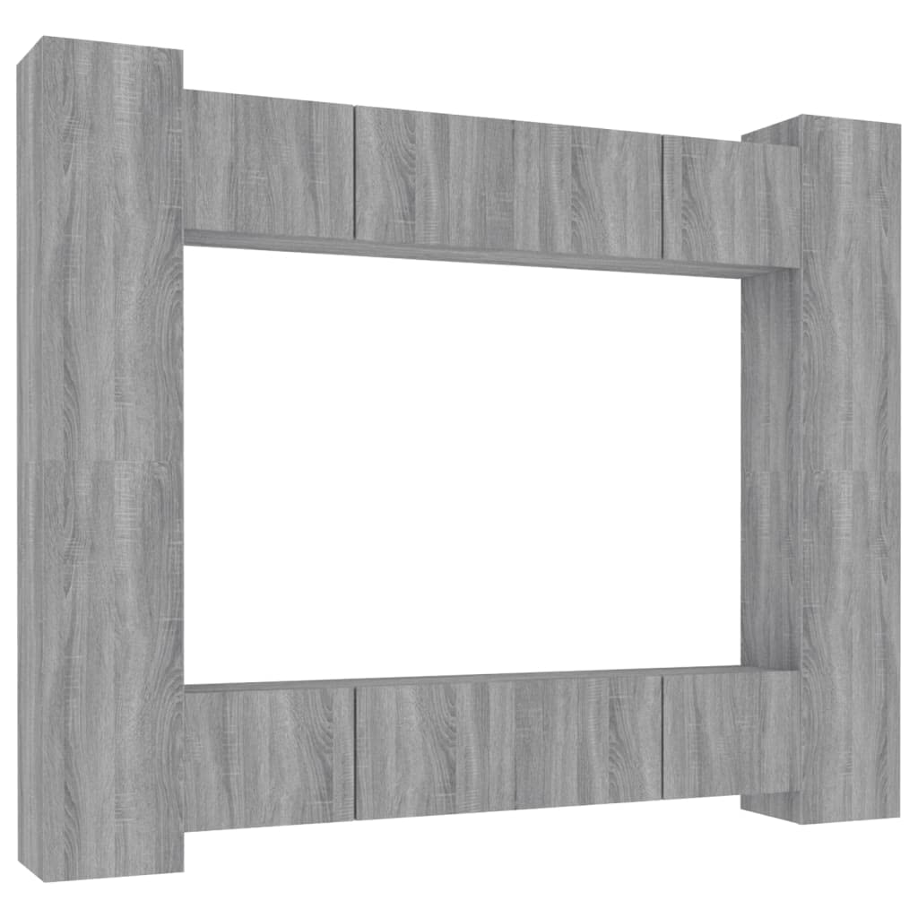 8-TLG. TV-Schrank-Set Grau Sonoma Holzwerkstoff, Wandmontage, Modernes Media-Center für Wohnzimmer, Robust & Feuchtigkeitsbeständig, Vielseitige Aufbewahrung