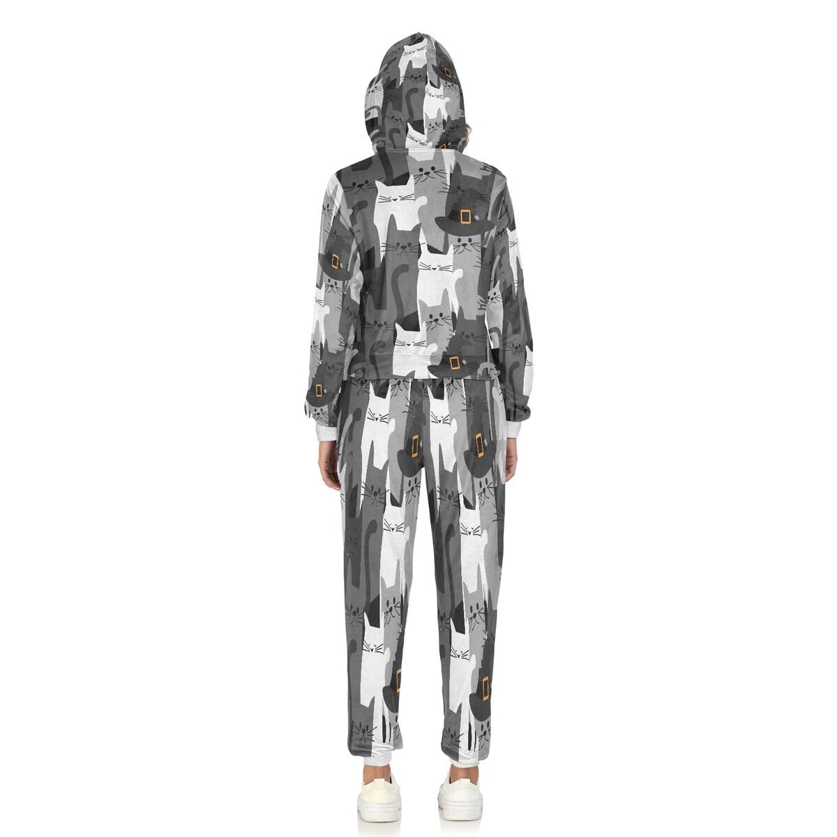 Conjunto deportivo de 2 piezas para mujer, conjunto deportivo de manga larga, diseño de gato, color negro