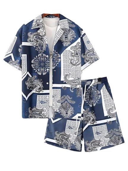 Men’s Printed Co-Ord Set | Plus Size Casual Shirt & Shorts Set | Nightwear Pajama Suit, Loungewear, Beachwear & Vacation Outfit Design No ME_NS Sky 06 Blue-picture-29