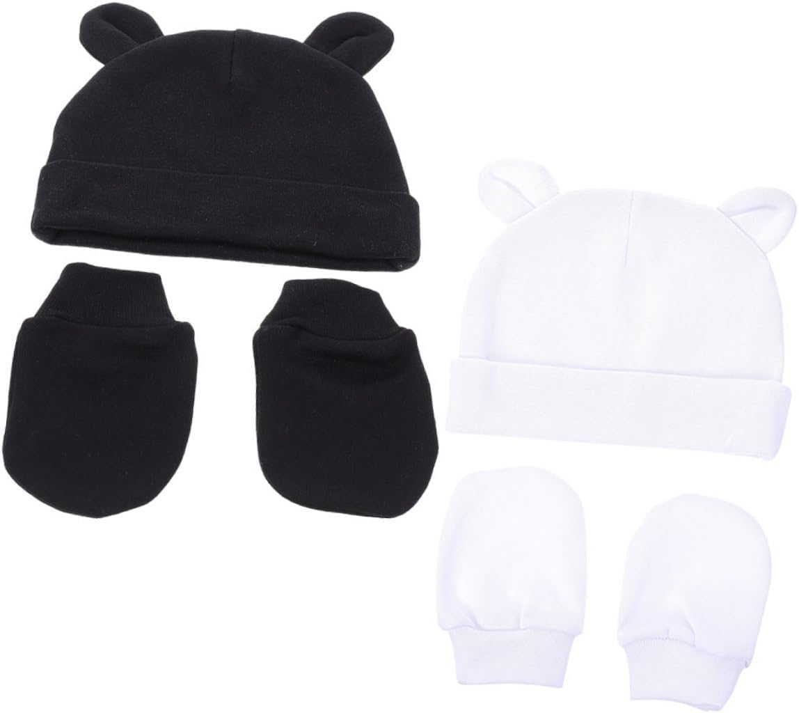 Ipetboom 2sets Boy Girl Hat Hand Cover Boy Girl Mittens No Scratch Gloves Cotton Nursery Winter Gloves Set Newborn