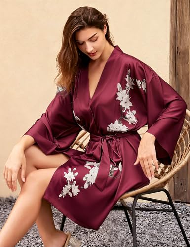 Image of BABEYOND Kimono Robe Cover up Short Satin Floral Silky Kimono Blouse Loose Bachelorette Party Robe