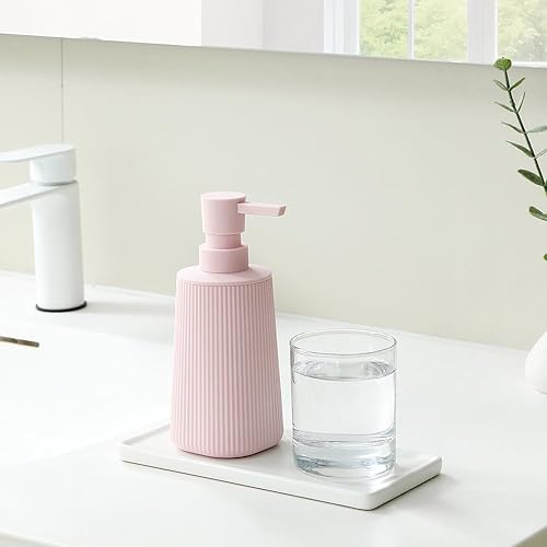 Miniatura 2 de Dispensador de jabón pequeño para baño y cocina, dispensador de jabón de manos de plástico moderno estilo granja a rayas con bomba rosa mate para