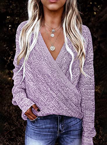 Dokotoo Women Sweaters Winter Fall Cute Elegant 2023 Loose Fitted Deep V Neck Wrap Chunky Cable Knitted Fuzzy Pullover Sweaters Soft Comfy Womens Long Sleeve Jumper Tops Purple Xx-Large #TOP1