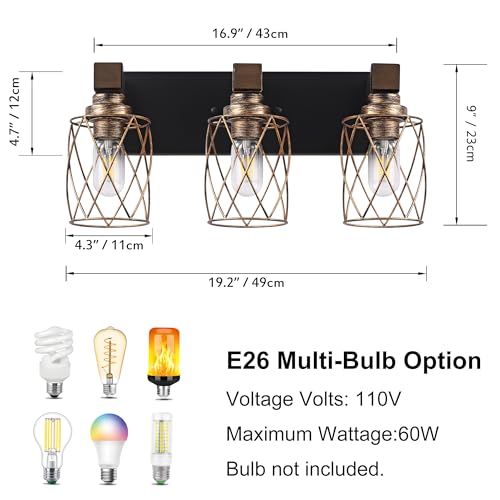 Image of 3-Light Black Gold Farmhouse Vanity Light, Wood & Metal Cage Shade | Mounted Over Mirror, Industrial Rustic Style, Ideal for Bathroom, Bedroom, Hallway & Living Room, Easy To Install