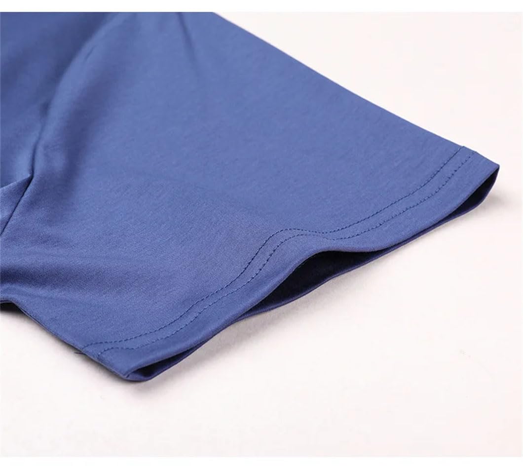 Męska koszulka z dekoltem w serek jedwabna cienka koszulka z krótkim rękawem solidna slim fit trening koszule biurowe, Niebieskie ubrania męskie, XL