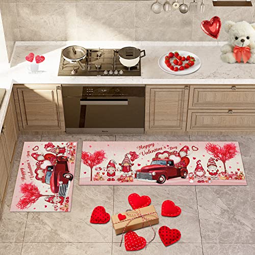Valentine's Day Kitchen Rugs Set Of 2, Farm Red Truck Sweet Lovely Dwarf Non-Slip Floor Rug And Mats Sets Romantic Watercolor Love Heart Tree Comfort Runner Carpet Water Absorbent Mat For Home Decor #TOP1