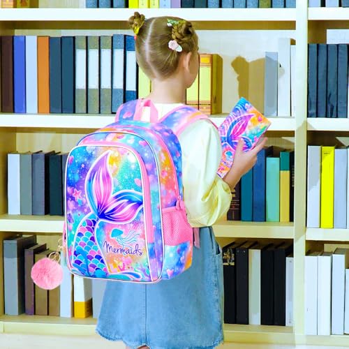 Image of CCJPX 3Pcs Mermaid Backpack for Girls, 16 inch Kids Fishtail Bookbag with Lunch Box, Cute Water Resistant Schoolbag for Preschool Kindergarten Toddler(Rainbow)