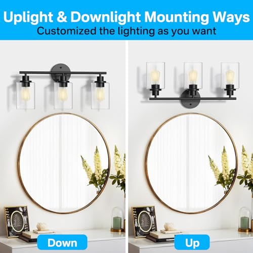 Image of Modern Black Bathroom Light Fixtures over Mirror - 3 Light Bathroom Vanity Light Wall Sconces lighting with Clear Glass Shade Vanity Lights for Bathroom, Kitchen, Bedroom, Hallway and More Scenarios