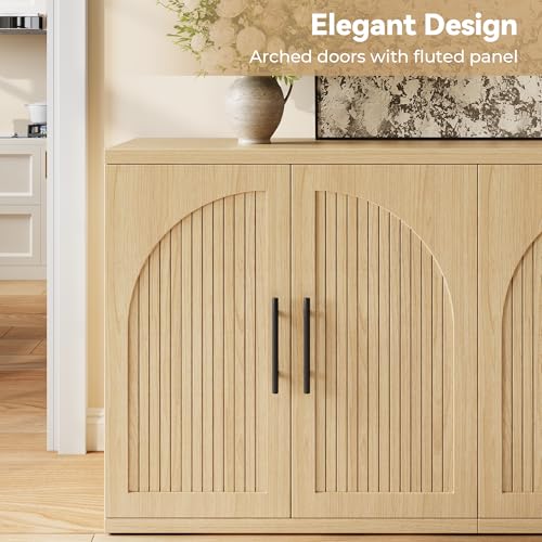 Image of MapleGrace 63 inch Fluted Buffet Cabinet, Oak Credenza with Adjustable Shelf